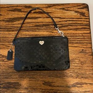 Coach Embossed Black Patent Leather Bow Heart Wristlet Wallet